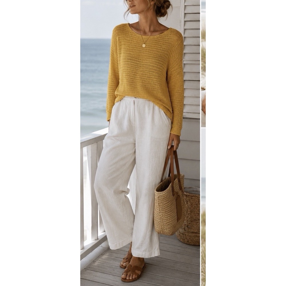 Tahari 100% Linen Open Knit Sweater XL Mustard Yellow Lightweight Coastal Layers